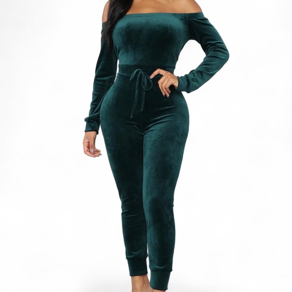 Fashion Nova Green Velvet Off-Shoulder Jumpsuit